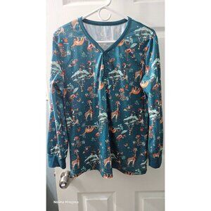 Women's Christmas Safari Animal Print Long Sleeve Pajama Henley Top Blue